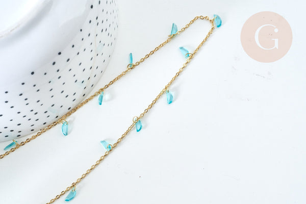 Chaine perle plexiglas facettée turquoise laiton doré 7x3mm, création de bijoux coloré DIY, x1 mètre (G7820)