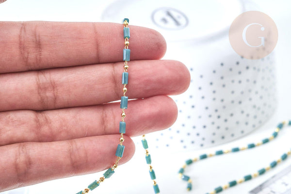 Chaine perle tube verre vert laiton doré 18K 2.5x4.5mm, création de bijoux coloré DIY, x1 mètre (G7822)