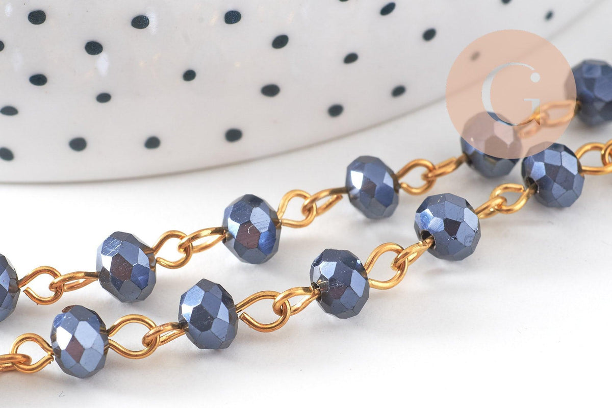 Chaine dorée perle cristal noir, chaine collier ,chaine lunettes, chaine fantaisie, 6x4mm,1 metre, x1 (G3460)