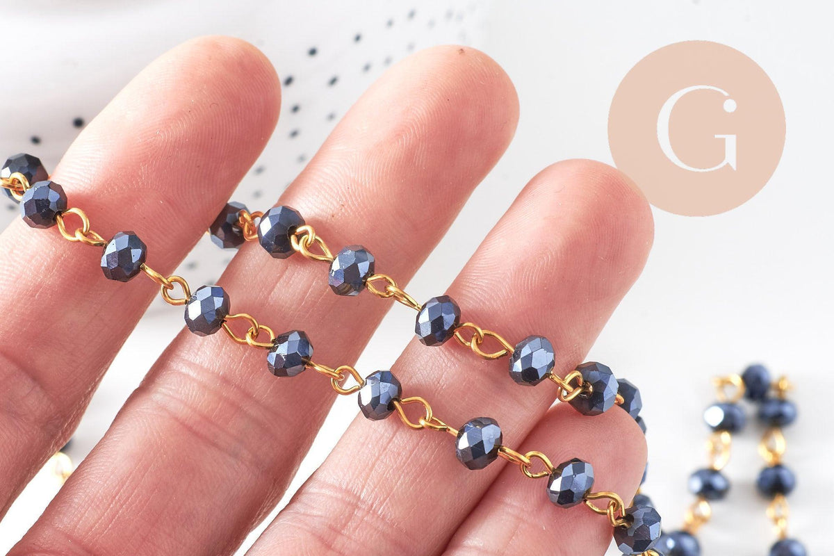 Chaine dorée perle cristal noir, chaine collier ,chaine lunettes, chaine fantaisie, 6x4mm,1 metre, x1 (G3460)