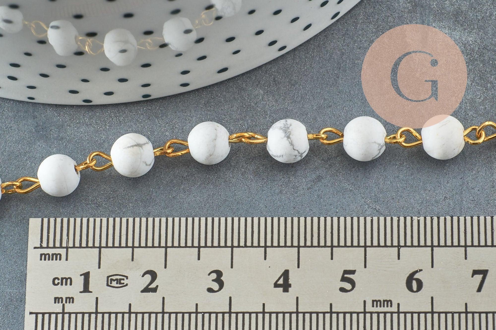 Chaine dorée perle howlite naturelle 6.5mm, chaine pierre, pierre naturelle chaine lunettes, x 1Mètre (G4141)