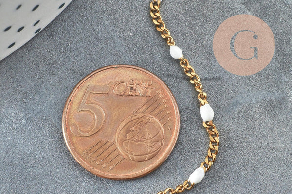 Chaine plate acier inoxydable doré IP fantaisie résine blanc 2.5mm, x1 mètre (G10012)