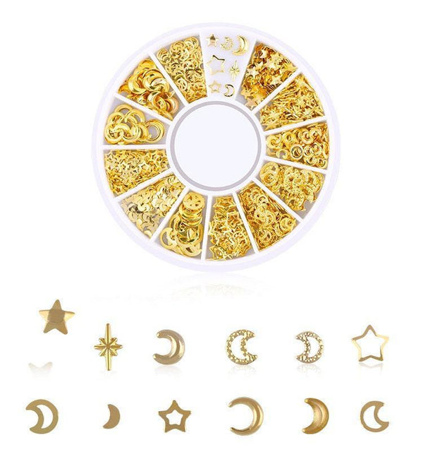 Charm à coller zamac doré, lune et étoile, fournitures à coller pour décorer pierres et bijoux,4-5mm, boite de 200, x1 (G5244)