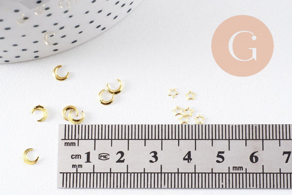 Charm à coller zamac doré, lune et étoile, fournitures à coller pour décorer pierres et bijoux,4-5mm, boite de 200, x1 (G5244)