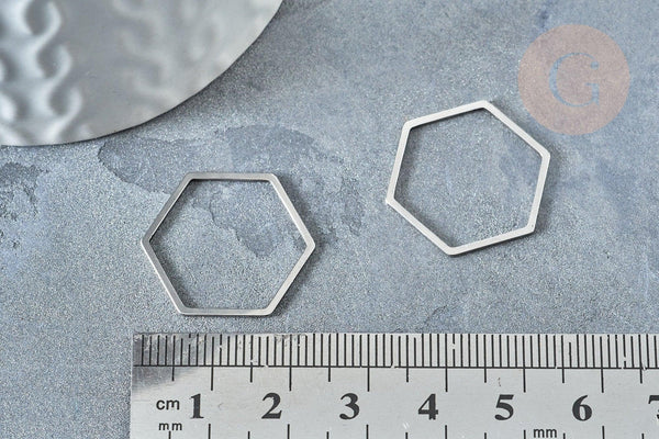 Charms hexagone acier 201 inoxydable argenté 20mm,création bijoux acier inoxydable, x1 G7863