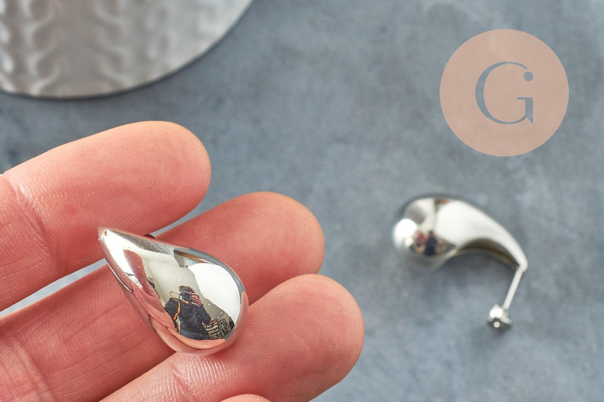 Clous Boucles gouttes bulle laiton plaqué platine 26.5mm, la paire (G9726)