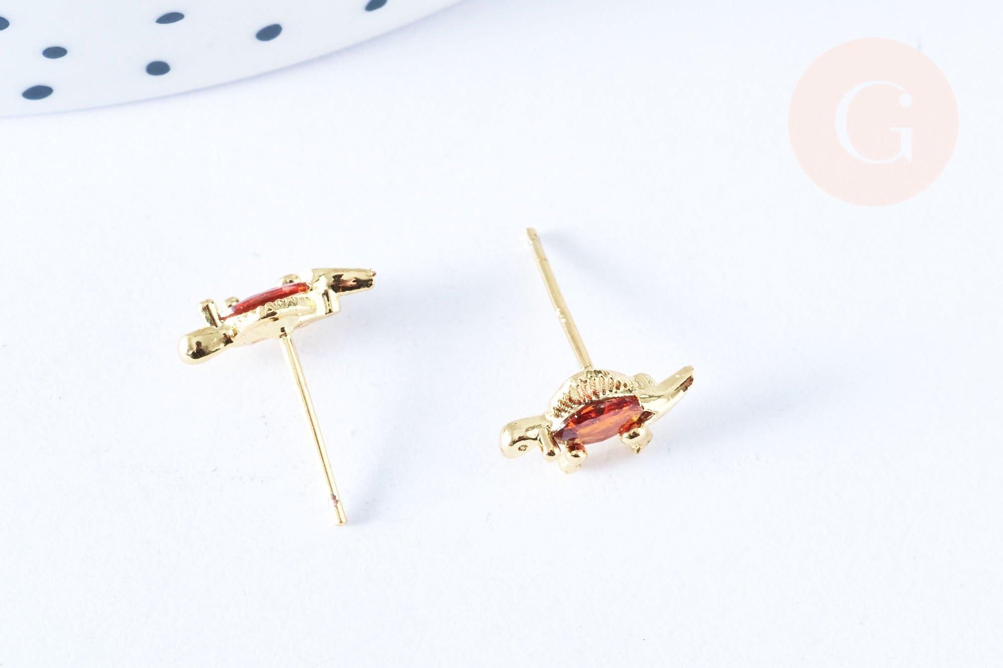 Clous d'oreille Dinosaure stégosaure laiton zircon rouge avec poussoirs d'oreilles, idées cadeaux femmes fille, la paire (G7917)