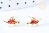 Clous d'oreille Dinosaure stégosaure laiton zircon rouge avec poussoirs d'oreilles, idées cadeaux femmes fille, la paire (G7917)