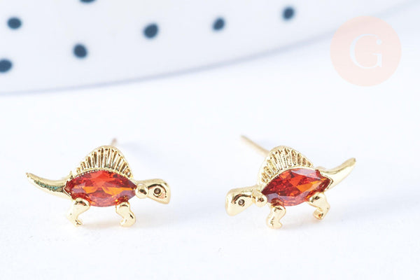 Clous d'oreille Dinosaure stégosaure laiton zircon rouge avec poussoirs d'oreilles, idées cadeaux femmes fille, la paire (G7917)