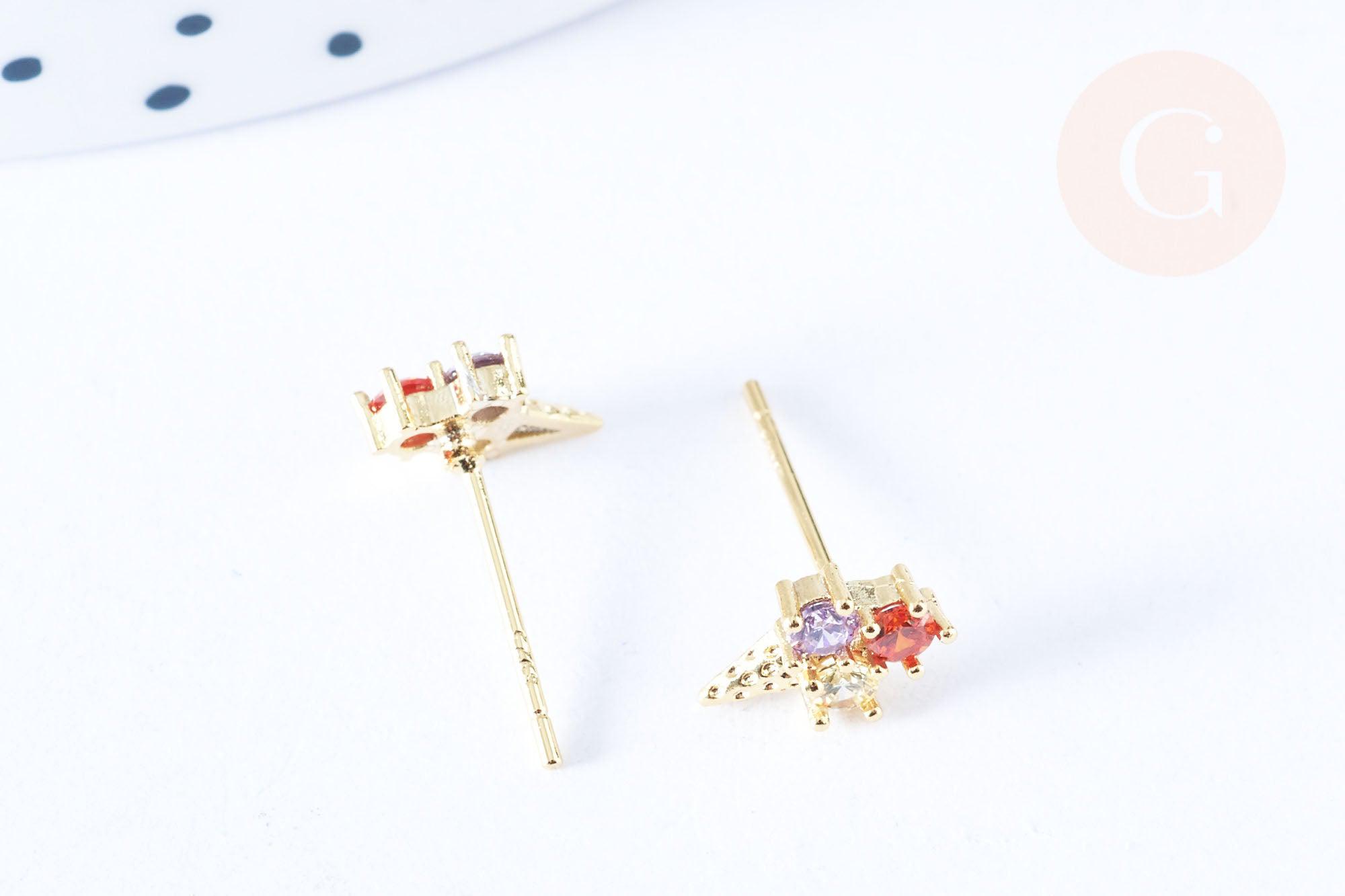 Clous d'oreille cornet de glace laiton zircon tricolore avec poussoirs d'oreilles, idées cadeaux femmes fille, la paire (G7934)