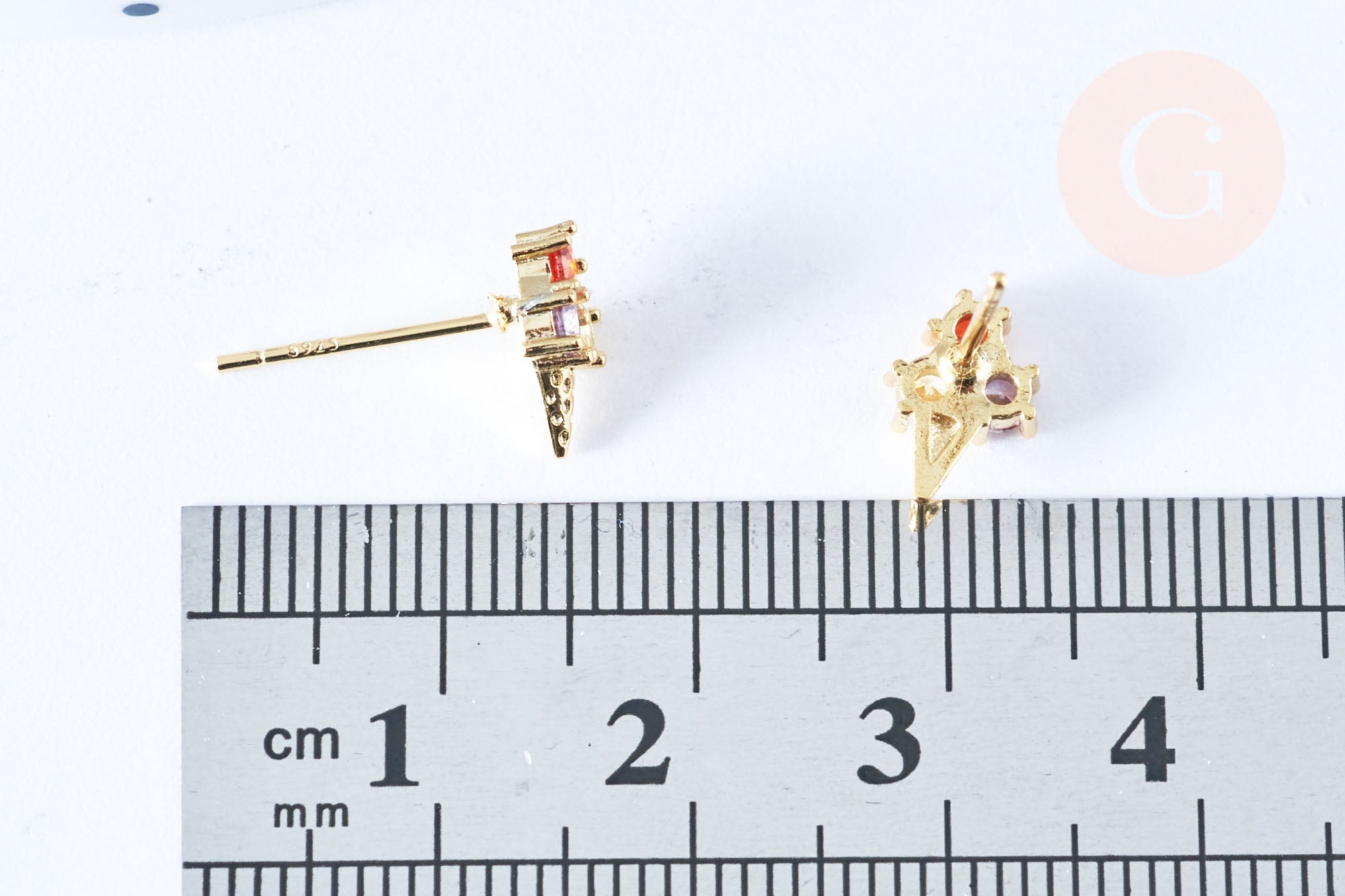 Clous d'oreille cornet de glace laiton zircon tricolore avec poussoirs d'oreilles, idées cadeaux femmes fille, la paire (G7934)