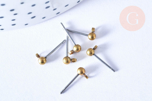 Clous-puces boule boucles oreille laiton brut acier 3mm, x10 (G6545)
