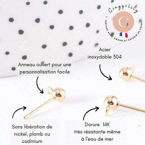 Clous puces oreille boule acier 304 doré inoxydable 14k 4mm, x10 (G0056)