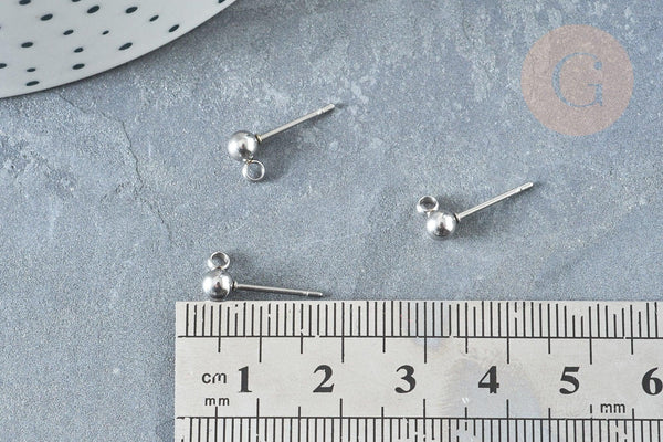 Clous puces oreille boule acier 304 platine inoxydable anneau, x10 (G8150)