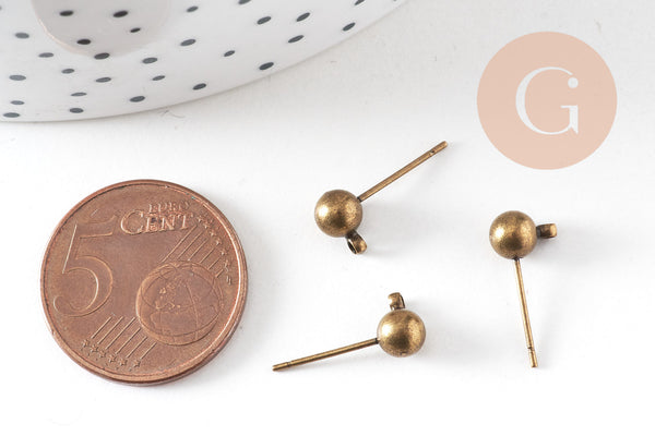 Clous-puces oreille boule bronze avec anneau, boucles d'oreille,oreille percée,diamètre 5mm, x 10 (G0647)