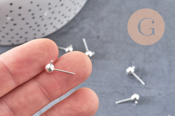 Clous-puces oreille boule laiton argenté 5mm avec anneau, x10 (G1248)