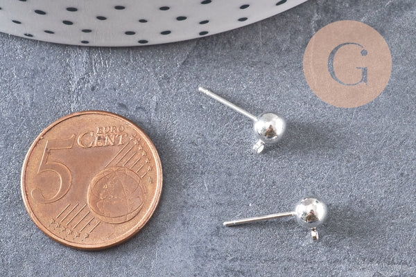 Clous-puces oreille boule laiton argenté 5mm avec anneau, x10 (G1248)