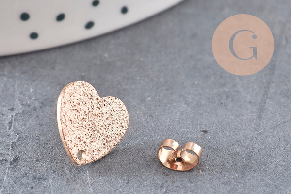 Clous-puces oreille coeur acier 304 inoxydable or rose IP sablé 1 trou 13mm, la paire (G10953) VALIDE