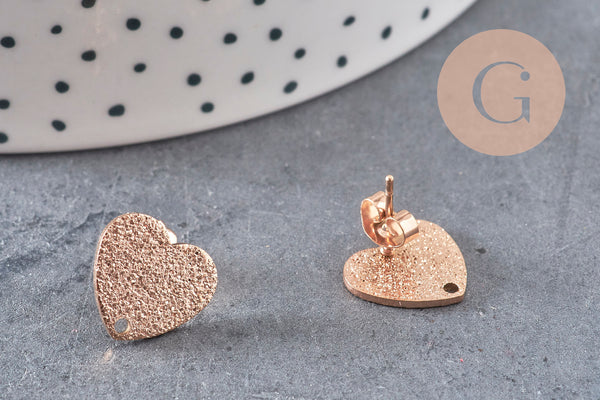 Clous-puces oreille coeur acier 304 inoxydable or rose IP sablé 1 trou 13mm, la paire (G10953) VALIDE