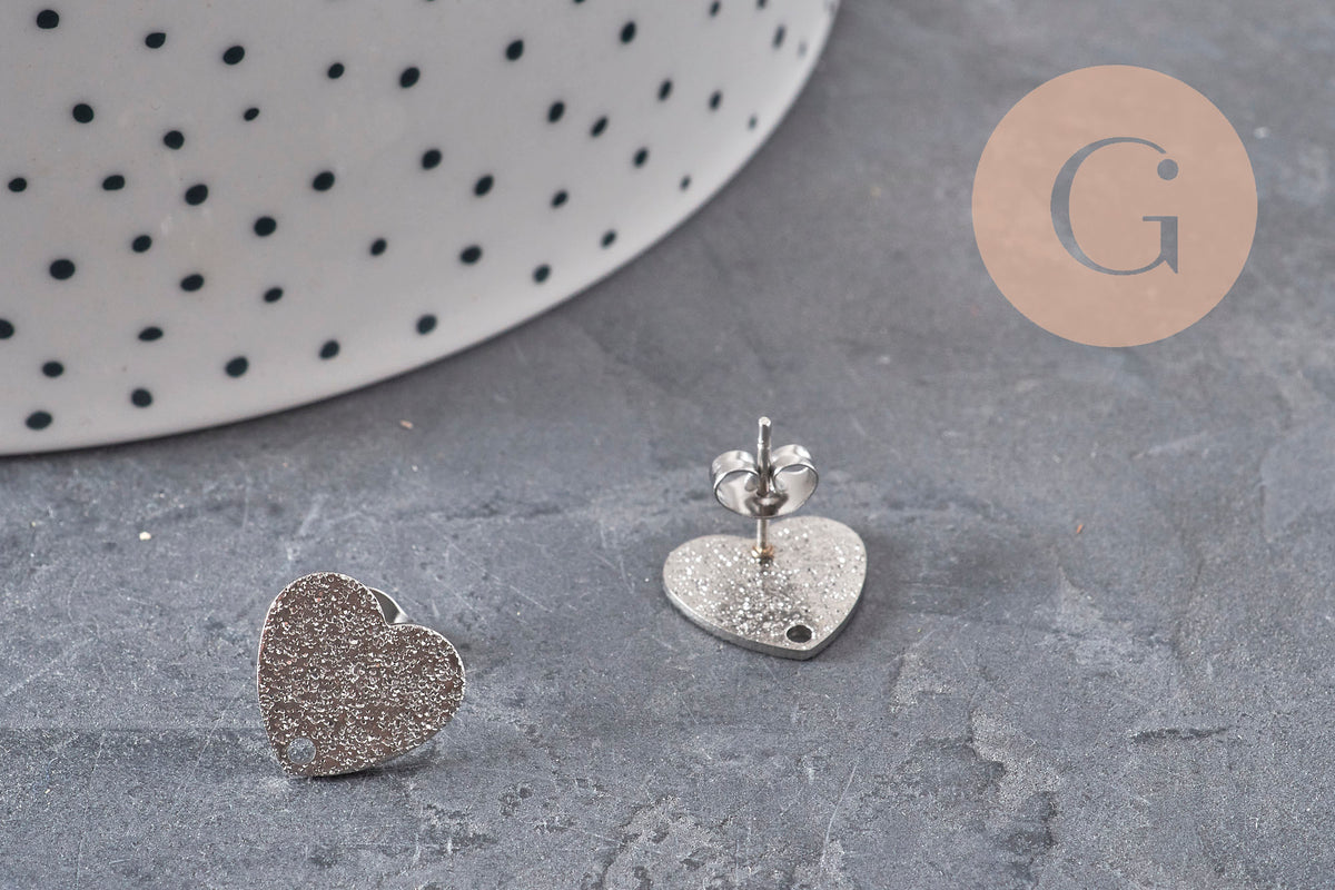Heart stud earrings, 304 stainless steel, platinum, sanded, 1 hole, 13mm, pair VALID