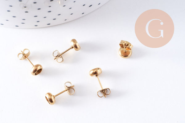 Clous-puces oreille support cabochon 4mm acier 304 inoxydable dore IP, x10 (G10607)