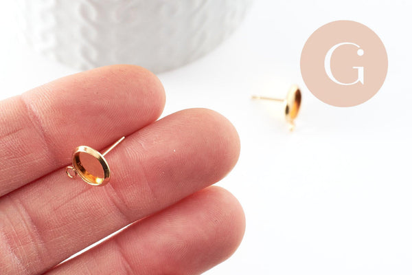 Clous-puces oreille support cabochon rond 8mm acier 304 inoxydable dore avec anneau, x2 (G9588)