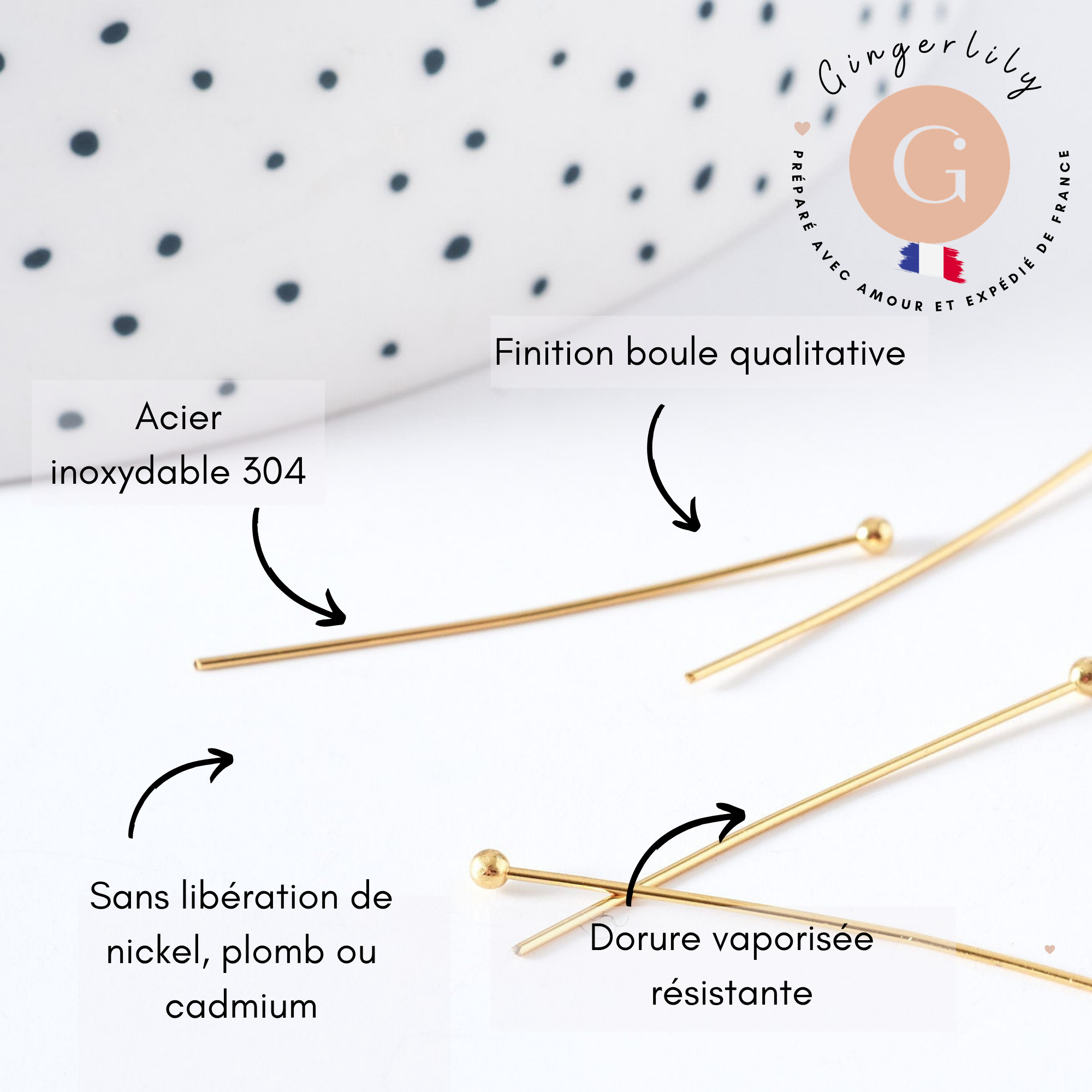 Clous tige tête boule acier doré 304 inoxydable 30mm pour bijoux DIY.