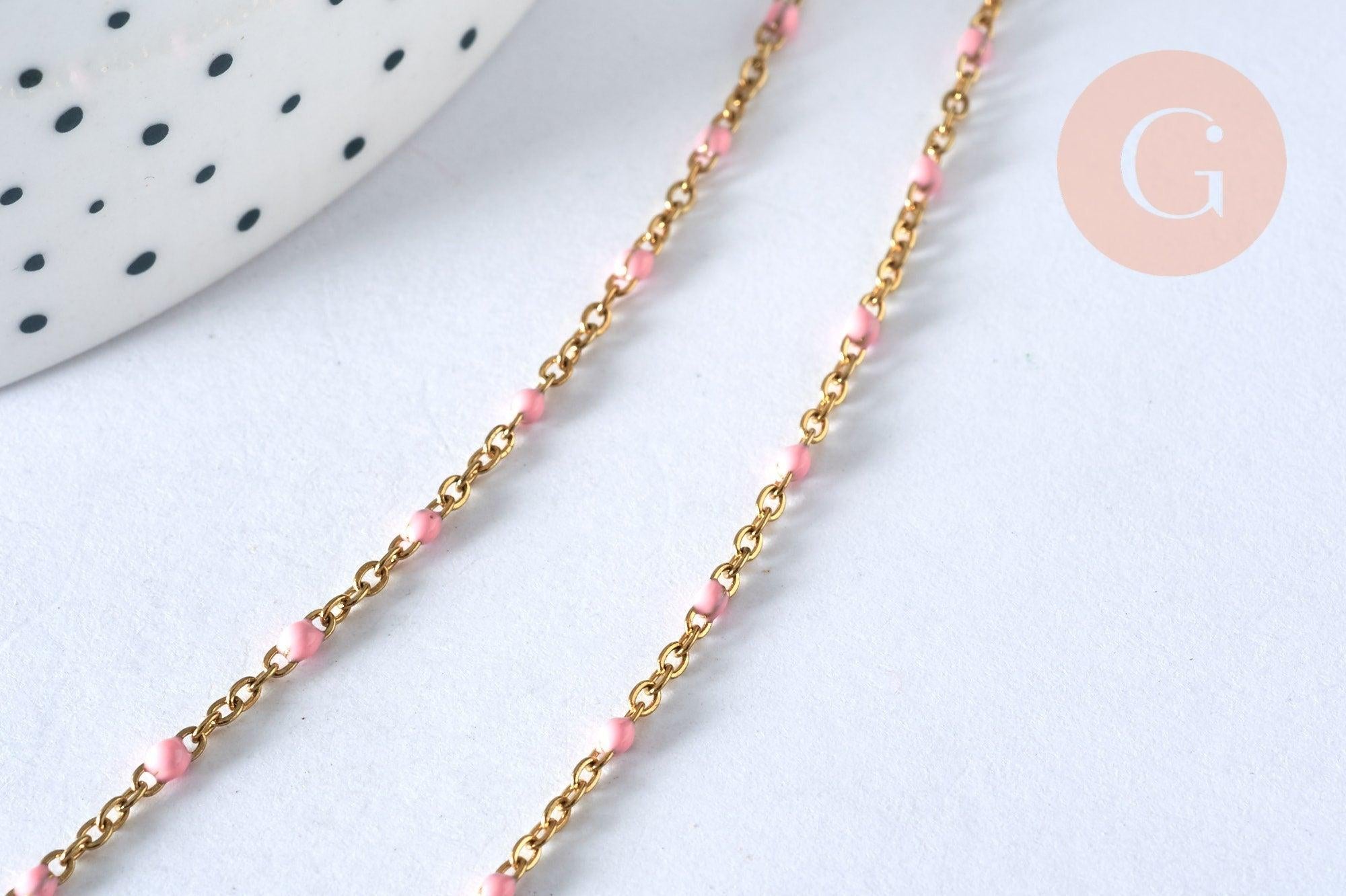 Collier Chaine acier 304 inoxydable doré 14k fantaisie résine rose 2mm-45cm, x1 (G1810)