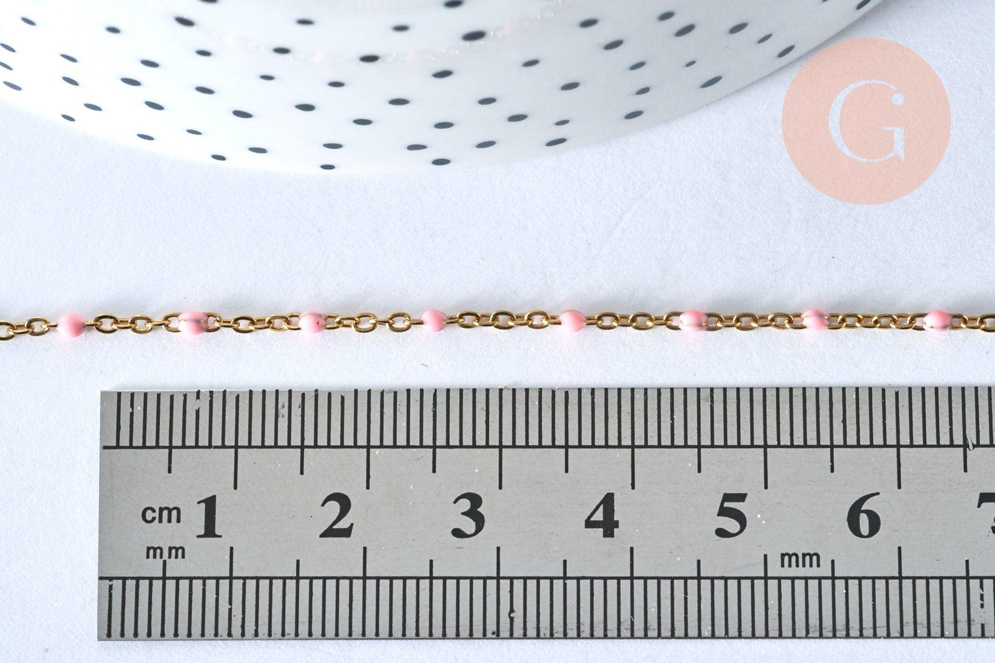 Collier Chaine acier 304 inoxydable doré 14k fantaisie résine rose 2mm-45cm, x1 (G1810)