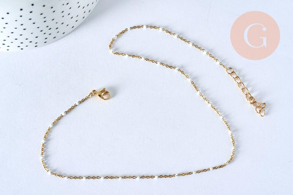 Collier Chaine acier doré inoxydable 304 18k fantaisie résine blanche 2mm-40cm, x1 (G3267)