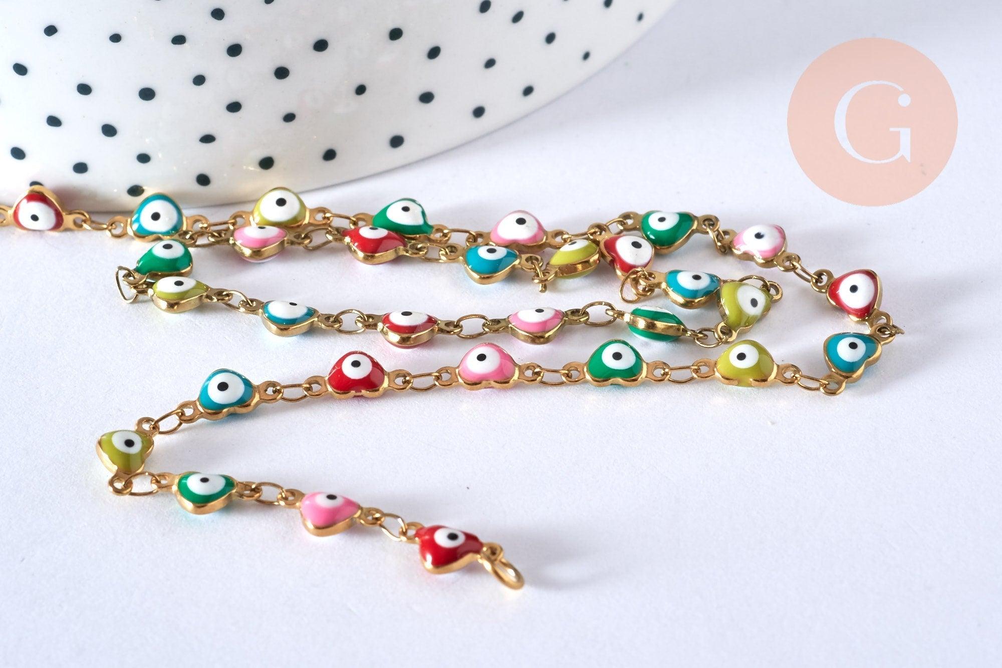Collier Chaine acier dorée 14k mauvais oeil résine colorée,chaine collier fantaisie, chaine complète,10mm, 45cm, x1 G5352