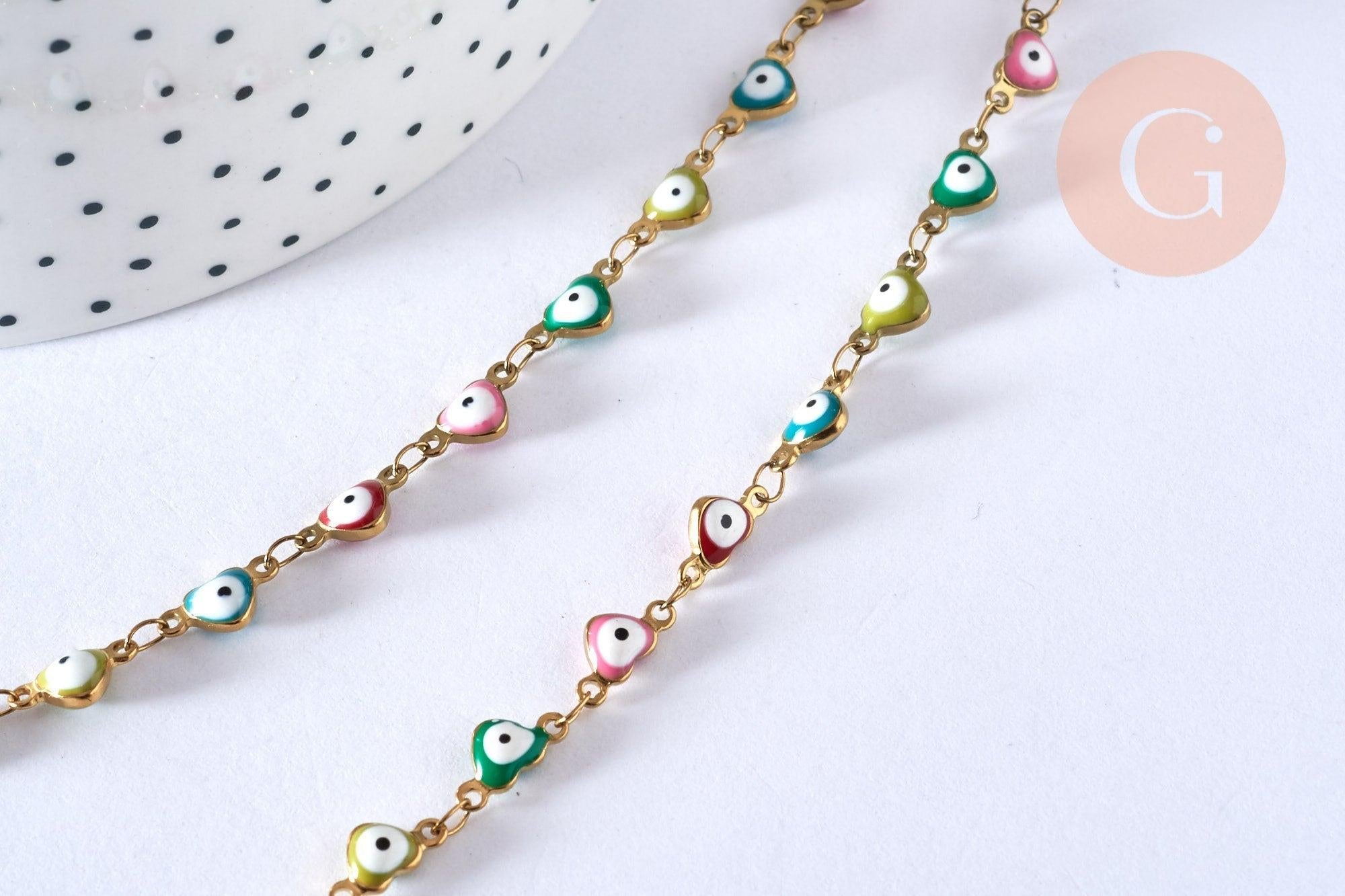 Collier Chaine acier dorée 14k mauvais oeil résine colorée,chaine collier fantaisie, chaine complète,10mm, 45cm, x1 G5352