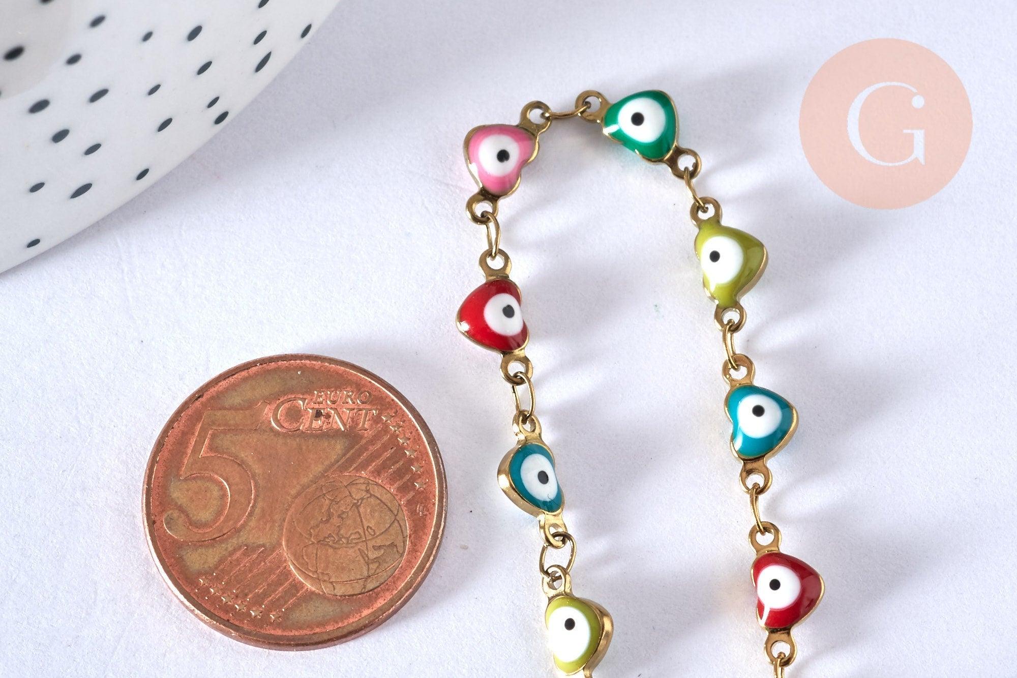 Collier Chaine acier dorée 14k mauvais oeil résine colorée,chaine collier fantaisie, chaine complète,10mm, 45cm, x1 G5352