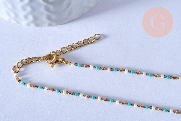 Collier Chaine avec fermoir acier inoxydable doré perles rocaille turquoise artisanale 40.7cm, x1 (G4010)