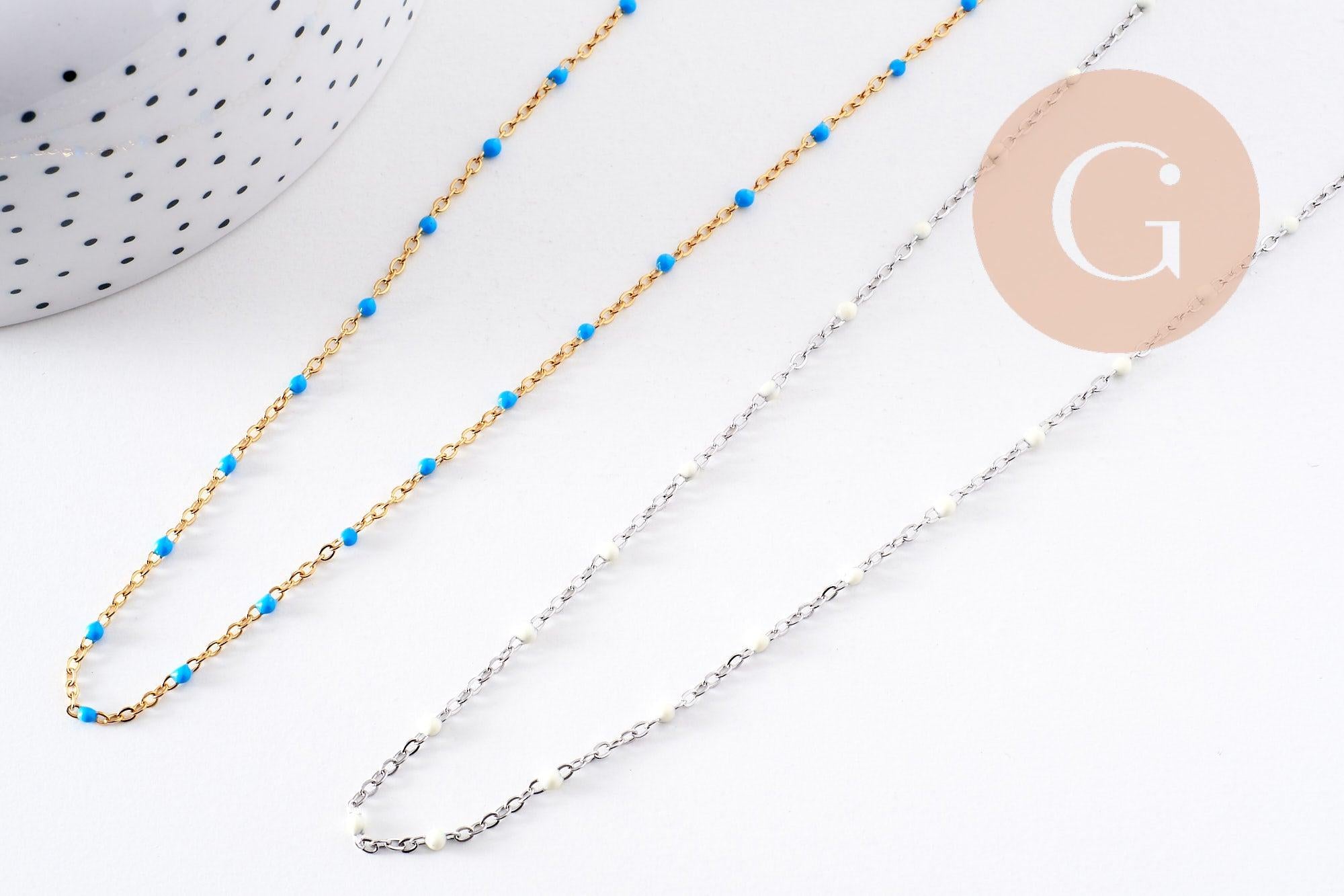 Collier Chaine avec fermoir acier inoxydable platine résine blanche 2mm-40.5cm, x1 (G10529)