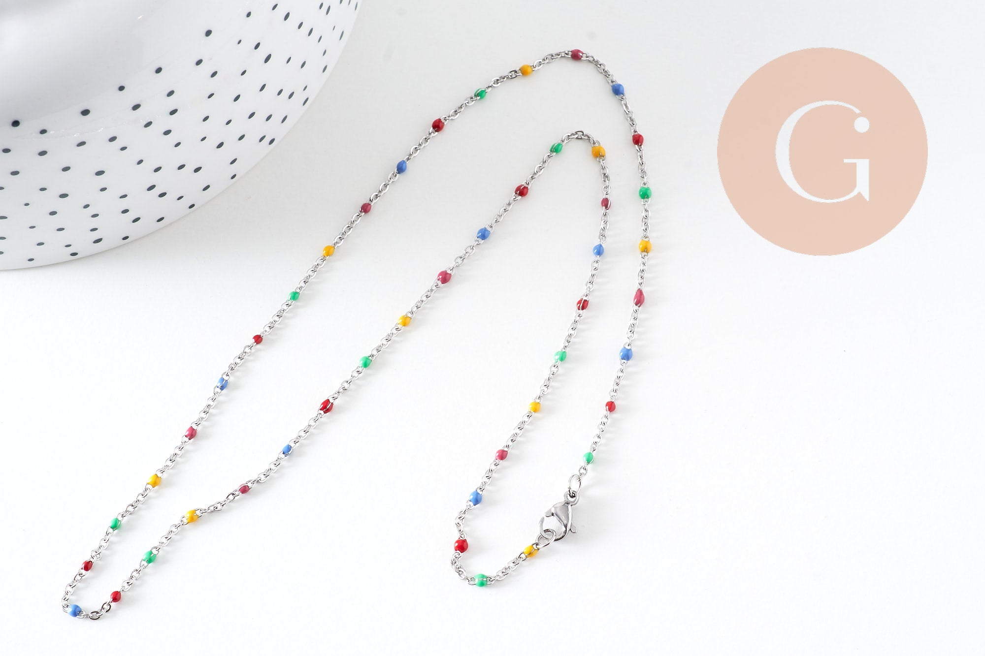 Collier Chaine avec fermoir acier inoxydable platine résine multicolore 2mm-45cm,chaine collier, x1 (G1412)
