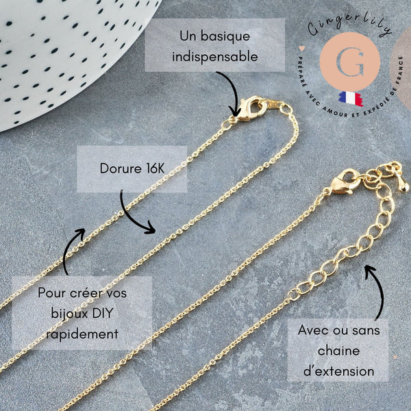 Collier Chaine avec fermoir fine dorée forçat 16K 2.5 microns 1.5mm - 45/50cm x1 (G1898)