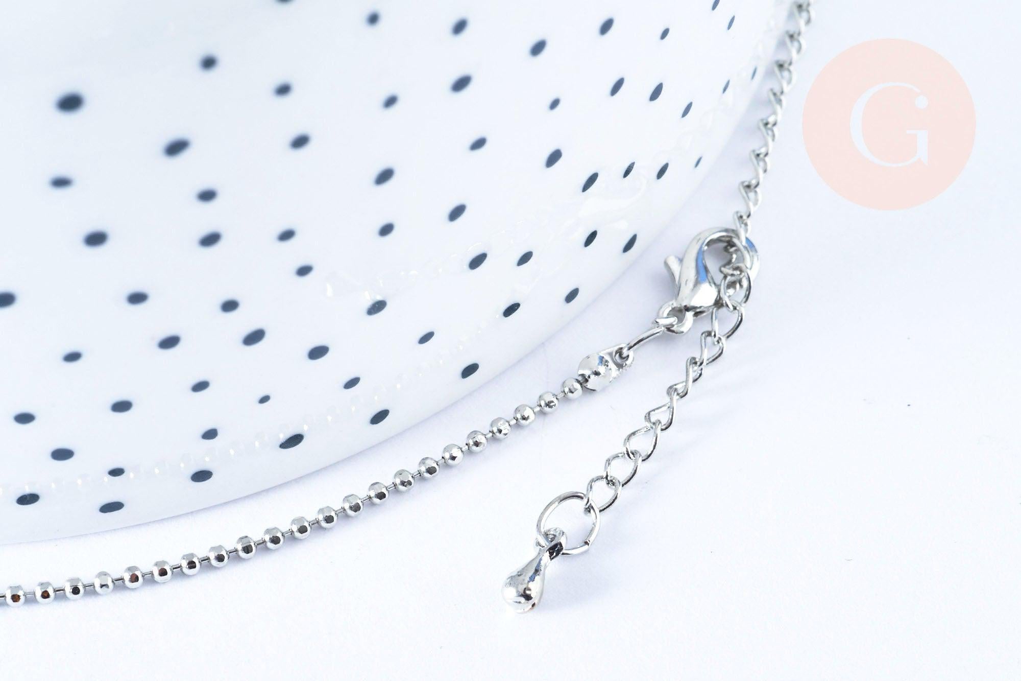 Collier Chaine boule fine laiton platine boule facettes 1.5mm/45cm,chaine collier laiton argenté chaine complète avec fermoir x1 G6202