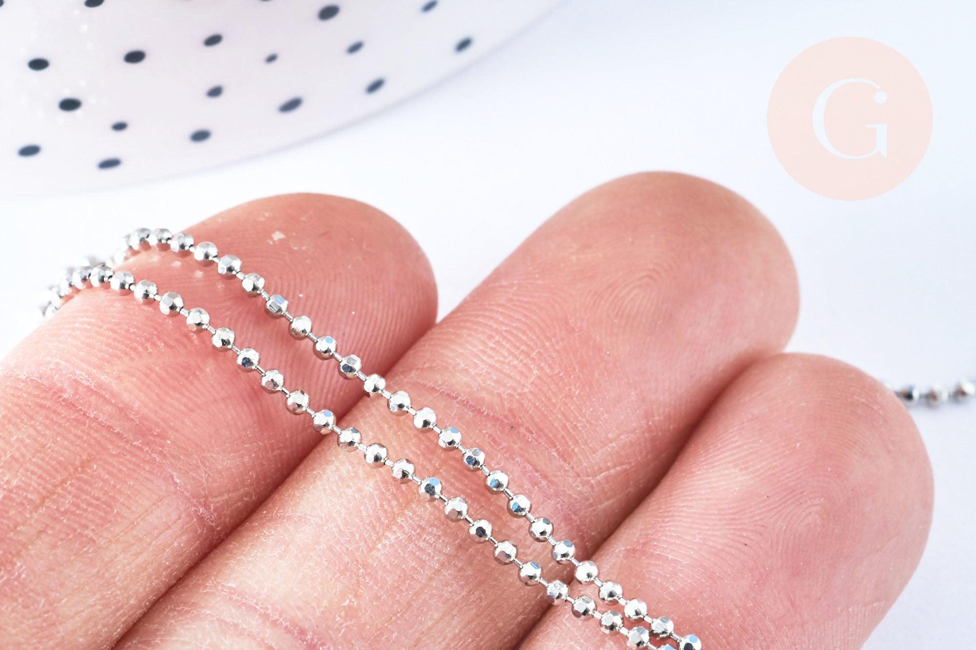Collier Chaine boule fine laiton platine boule facettes 1.5mm/45cm,chaine collier laiton argenté chaine complète avec fermoir x1 G6202