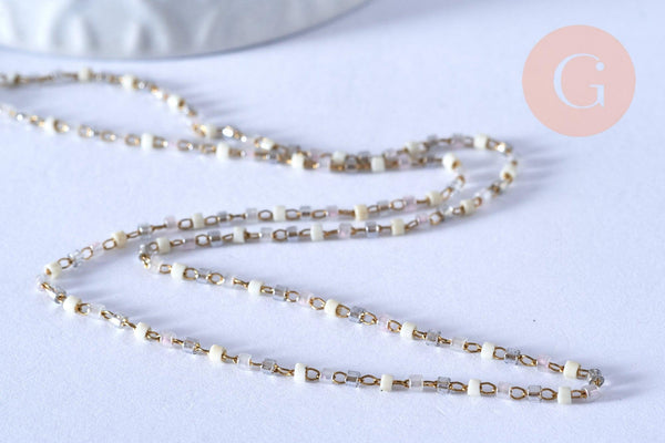 Collier Chaine complète acier doré perles rocaille blanches artisanales, acier inoxydable doré,40.7cm, x1 G3778
