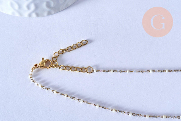 Collier Chaine complète acier doré perles rocaille blanches artisanales, acier inoxydable doré,40.7cm, x1 G3778