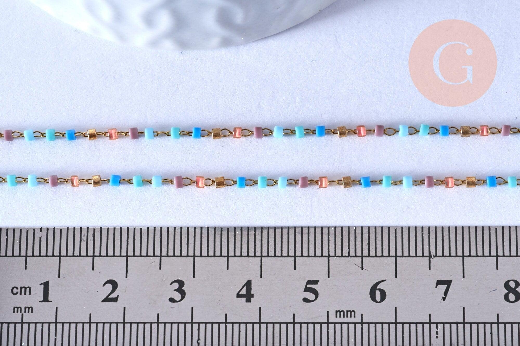 Collier Chaine complète acier doré perles rocaille multicolores artisanales, création collier acier inoxydable doré,40.7cm, x1 G5407