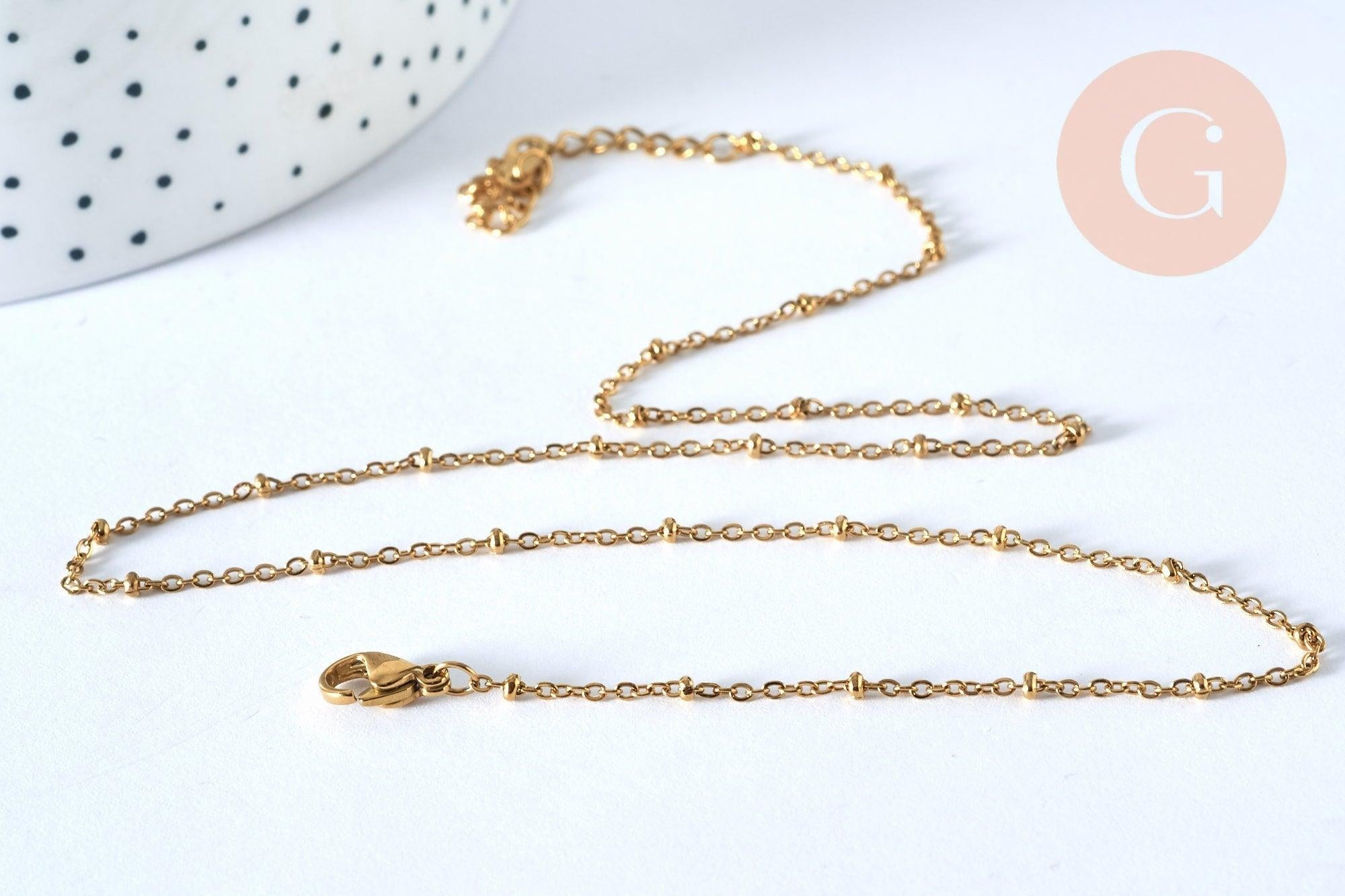 Collier Chaine complète acier dorée 14k satellite,avec ou sans extension,chaine sans nickel,1.5mm,41cm, x1 (G0306)