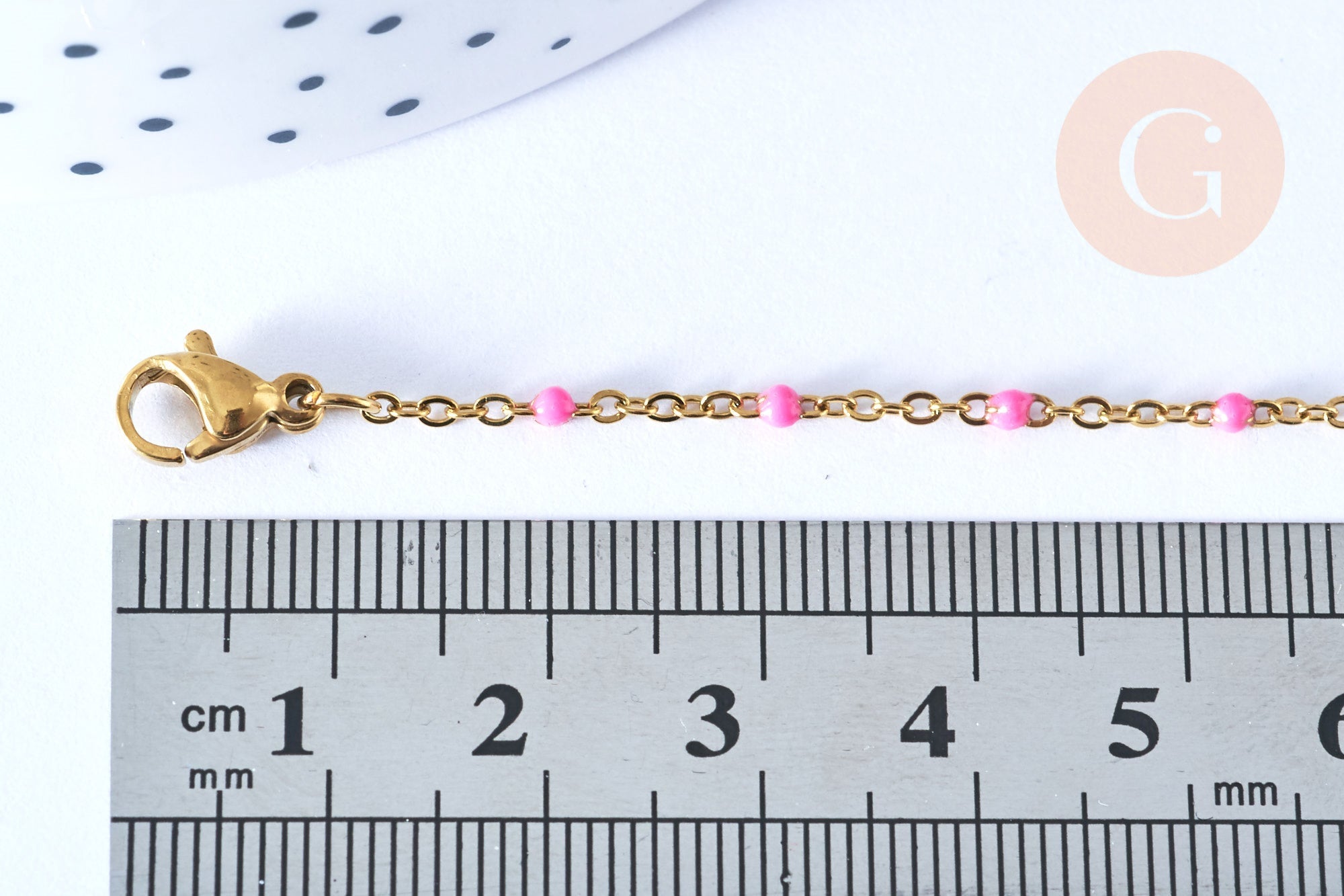 Collier Chaîne fine avec fermoir acier doré inoxydable émail rose 45cm, création bijoux fantaisie sans nickel, x1 (G7130)