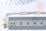 Gold-tone rectangular link chain with lobster-claw clasp, 46.5cm long, displayed with a ruler for scale, part of Collier Chaine laiton doré clair collection.