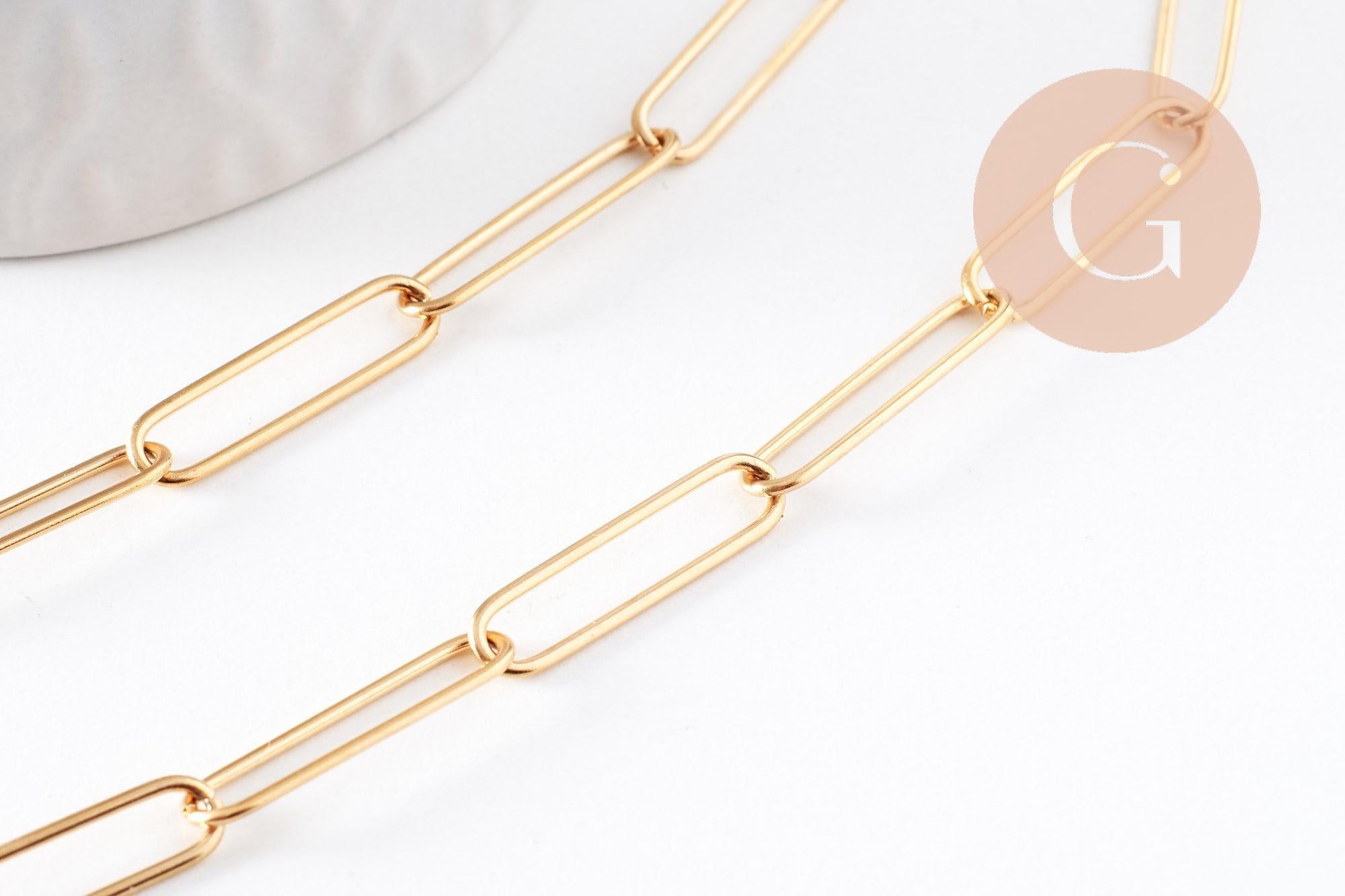 Collier Chaine maille rectangle acier inoxydable doré complète avec fermoir 10x3.5mm, x1 (G10112)