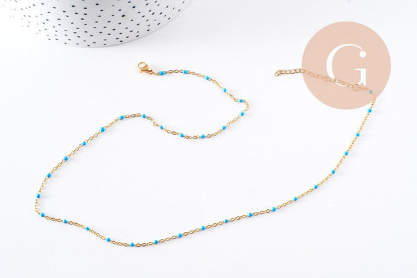 Collier acier 304 inoxydable doré 14k résine turquoise 50cm, x1 (G10197)