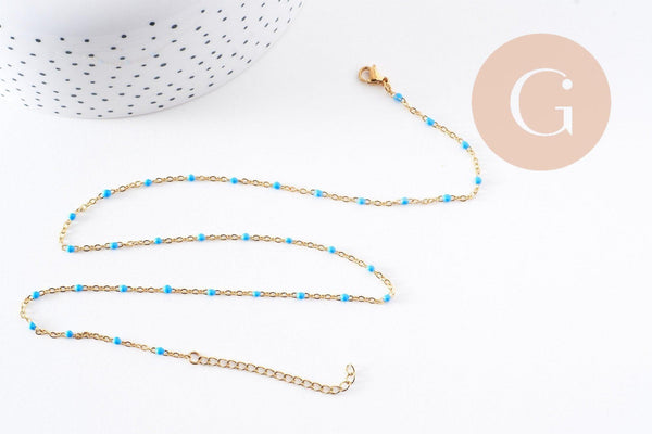 Collier acier 304 inoxydable doré 14k résine turquoise 50cm, x1 (G10197)