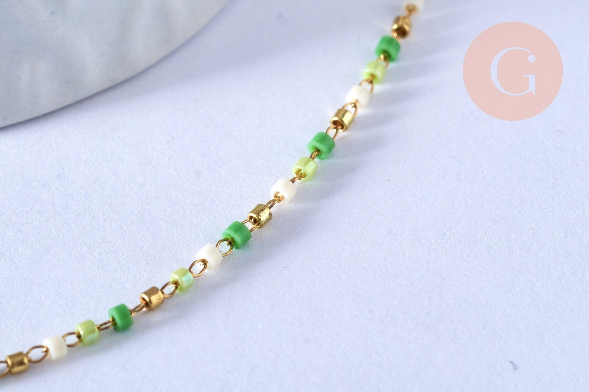 Collier chaine avec fermoir acier inoxydable doré perle rocaille vert 40.7cm, x1 (G4104)