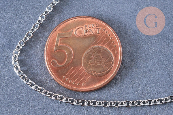 Collier chaine complète avec fermoir forçat acier 304 inoxydable platine 45cm, x1 (G1864)